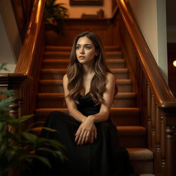 A beautiful young woman sitting on a staircase, elegantly dressed, with long-flowing hair