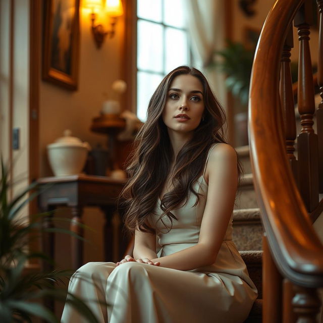 A beautiful young woman sitting on a staircase, elegantly dressed, with long-flowing hair