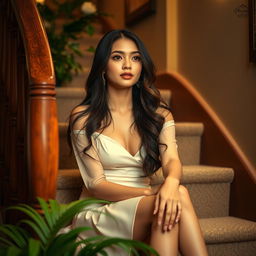 A beautiful young woman sitting on a staircase, elegantly dressed, with long-flowing hair