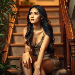 A beautiful young woman sitting on a staircase, elegantly dressed, with long-flowing hair