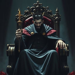A sinister-looking king seated on a grand throne, exuding an air of authority and malevolence