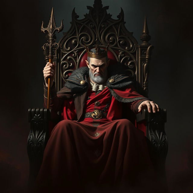 A sinister-looking king seated on a grand throne, exuding an air of authority and malevolence