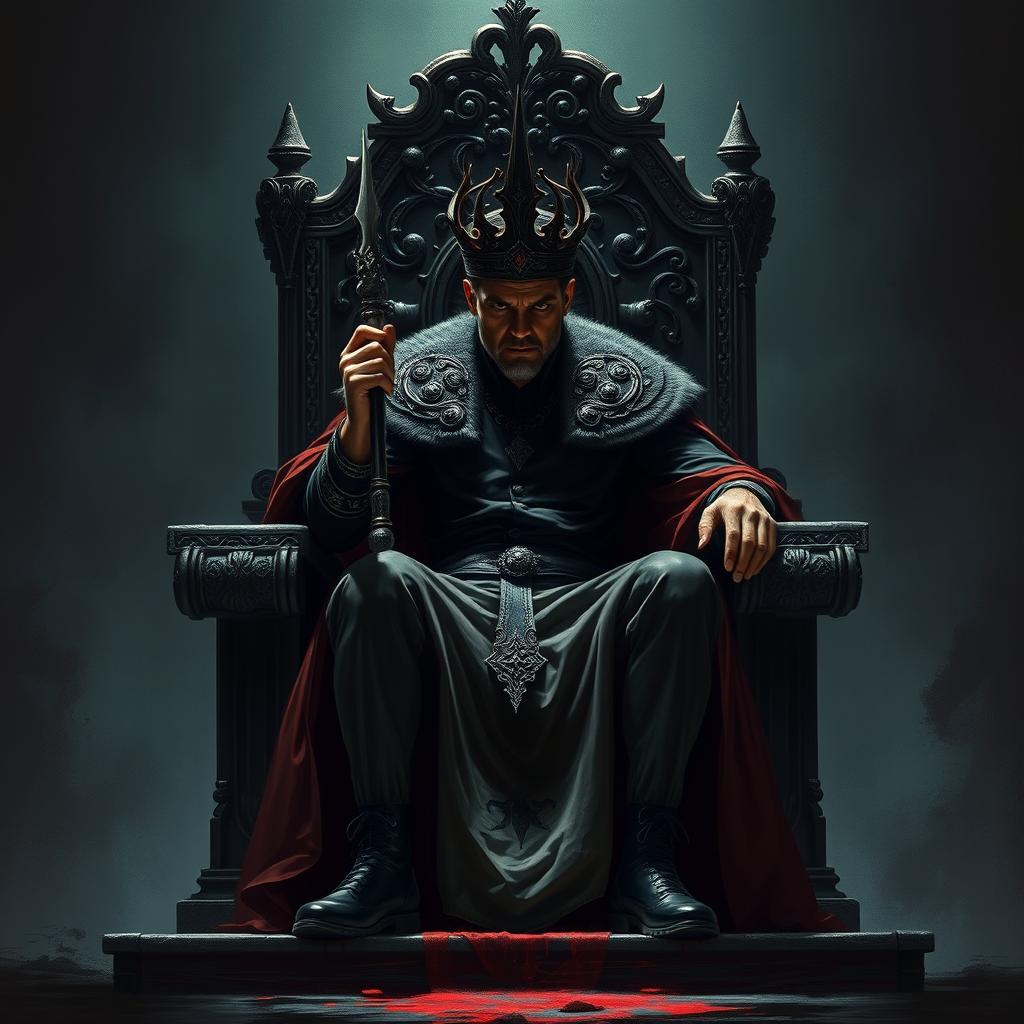 A sinister-looking king seated on a grand throne, exuding an air of authority and malevolence