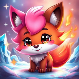 A cute and whimsical character with vibrant pink and foxy brown fur, exuding an ice and fire vibe