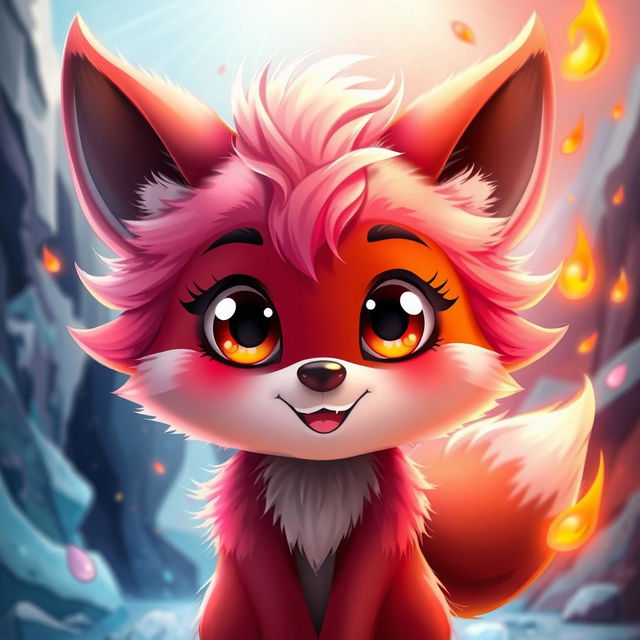 A cute and whimsical character with vibrant pink and foxy brown fur, exuding an ice and fire vibe