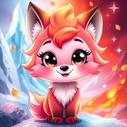 A cute and whimsical character with vibrant pink and foxy brown fur, exuding an ice and fire vibe