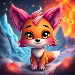 A cute and whimsical character with vibrant pink and foxy brown fur, exuding an ice and fire vibe