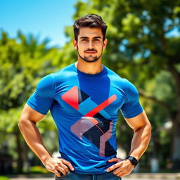 A muscular man standing confidently in an outdoor setting, wearing a stylish fitted t-shirt that showcases his physique