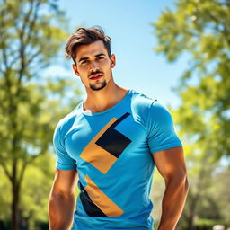 A muscular man standing confidently in an outdoor setting, wearing a stylish fitted t-shirt that showcases his physique