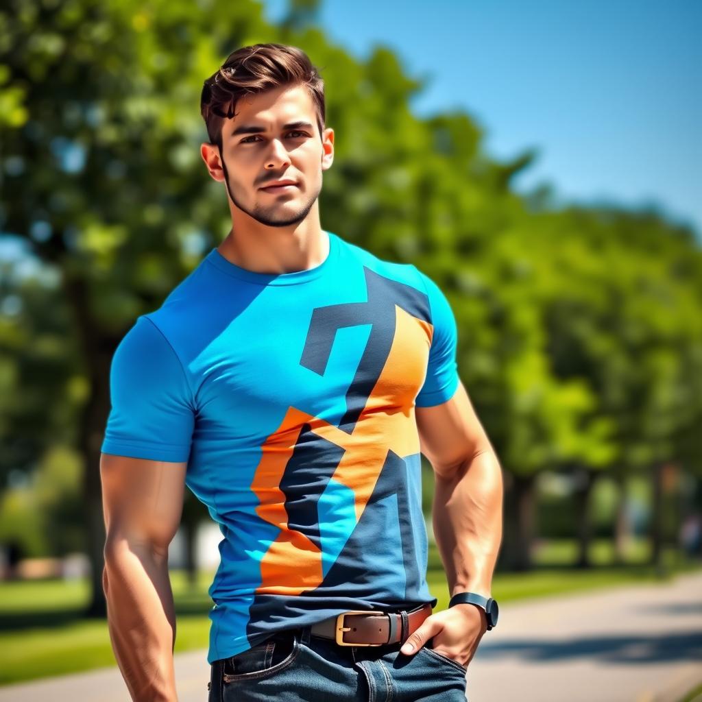 A muscular man standing confidently in an outdoor setting, wearing a stylish fitted t-shirt that showcases his physique