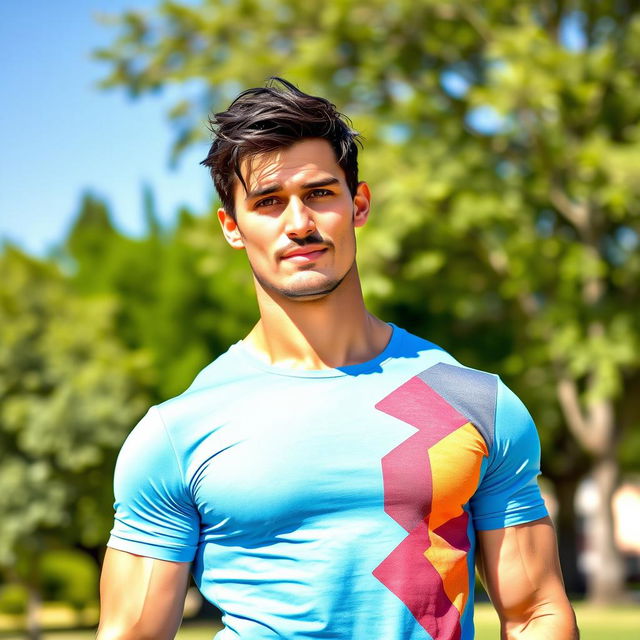 A muscular man standing confidently in an outdoor setting, wearing a stylish fitted t-shirt that showcases his physique