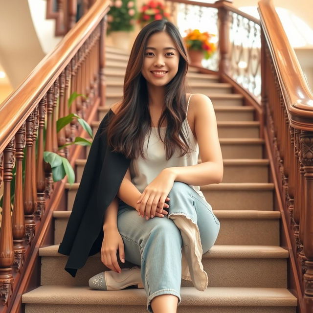 A young woman sitting on a staircase, casually yet stylishly dressed, with her long hair cascading down her shoulders