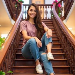 A young woman sitting on a staircase, casually yet stylishly dressed, with her long hair cascading down her shoulders