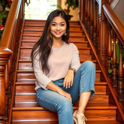 A young woman sitting on a staircase, casually yet stylishly dressed, with her long hair cascading down her shoulders