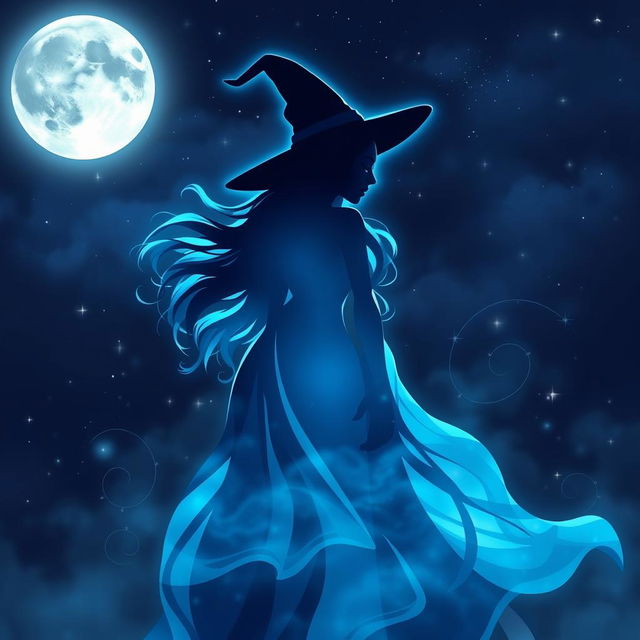 A mesmerizing silhouette of a pretty witch, her elegant figure draped in flowing robes, highlighted by a haunting blue aura