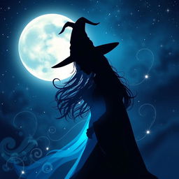 A mesmerizing silhouette of a pretty witch, her elegant figure draped in flowing robes, highlighted by a haunting blue aura