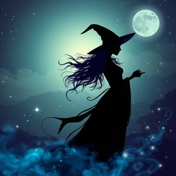 A mesmerizing silhouette of a pretty witch, her elegant figure draped in flowing robes, highlighted by a haunting blue aura