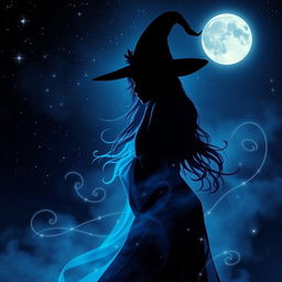 A mesmerizing silhouette of a pretty witch, her elegant figure draped in flowing robes, highlighted by a haunting blue aura