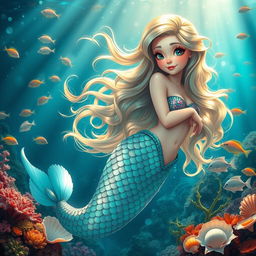 A vibrant and enchanting underwater scene featuring a beautiful mermaid with flowing, iridescent scales