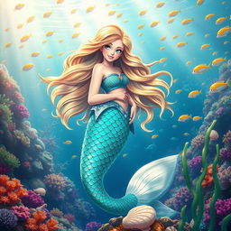 A vibrant and enchanting underwater scene featuring a beautiful mermaid with flowing, iridescent scales
