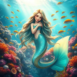 A vibrant and enchanting underwater scene featuring a beautiful mermaid with flowing, iridescent scales