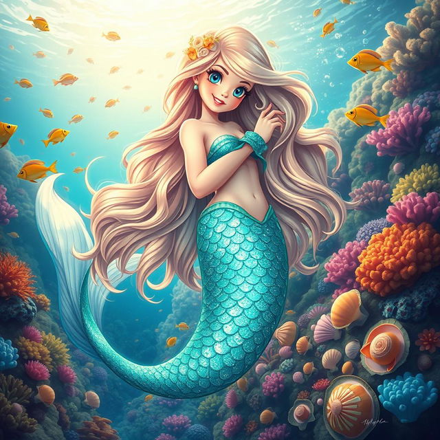 A vibrant and enchanting underwater scene featuring a beautiful mermaid with flowing, iridescent scales