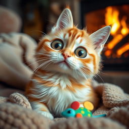 A whimsical and cute cat with a surreal human-like face, featuring large expressive eyes, a small nose, and a slight smile