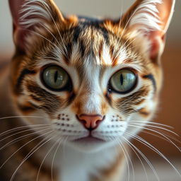 A close-up portrait of a cat's face, showcasing intricate fur details and captivating eyes