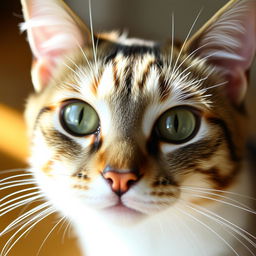 A close-up portrait of a cat's face, showcasing intricate fur details and captivating eyes