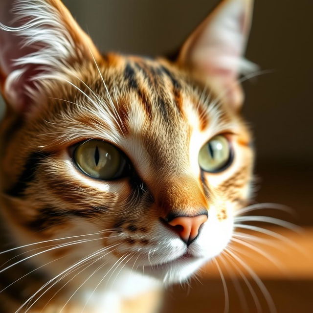 A close-up portrait of a cat's face, showcasing intricate fur details and captivating eyes