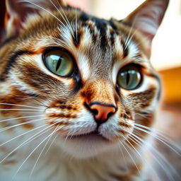A close-up portrait of a cat's face, showcasing intricate fur details and captivating eyes