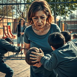 A poignant scene depicting a sad mother, her face displaying deep concern and heartbreak as she witnesses a group of bullies physically attacking a young boy in a schoolyard