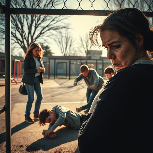 A poignant scene depicting a sad mother, her face displaying deep concern and heartbreak as she witnesses a group of bullies physically attacking a young boy in a schoolyard