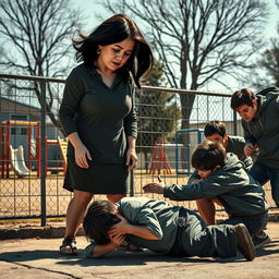 A poignant scene depicting a sad mother, her face displaying deep concern and heartbreak as she witnesses a group of bullies physically attacking a young boy in a schoolyard