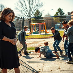 A poignant scene depicting a sad mother, her face displaying deep concern and heartbreak as she witnesses a group of bullies physically attacking a young boy in a schoolyard