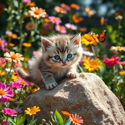 A small, brave, and clever kitten with bright blue eyes, playfully exploring a vibrant garden filled with colorful flowers and butterflies