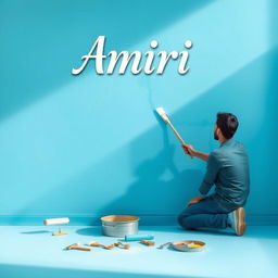 A poster featuring a soft galactic blue background, where a man is painting a wall