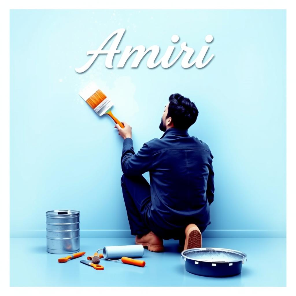 A poster featuring a soft galactic blue background, where a man is painting a wall