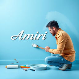 A poster featuring a soft galactic blue background, where a man is painting a wall