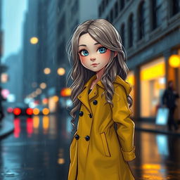 A white girl with bright blue eyes standing in a street under the rain