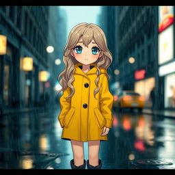 A white girl with bright blue eyes standing in a street under the rain
