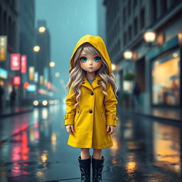 A white girl with bright blue eyes standing in a street under the rain