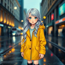 A white girl with bright blue eyes standing in a street under the rain