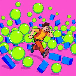 A pixel art depiction of a man in motion, running away from a swarm of vibrant green circles and bright blue rectangles
