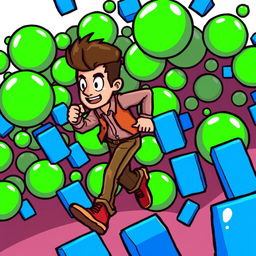 A pixel art depiction of a man in motion, running away from a swarm of vibrant green circles and bright blue rectangles