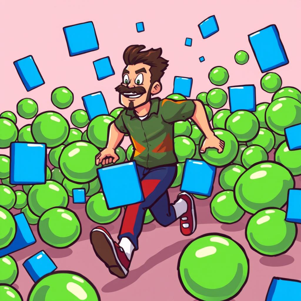 A pixel art depiction of a man in motion, running away from a swarm of vibrant green circles and bright blue rectangles