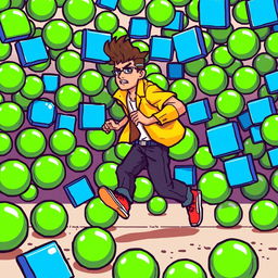 A pixel art depiction of a man in motion, running away from a swarm of vibrant green circles and bright blue rectangles