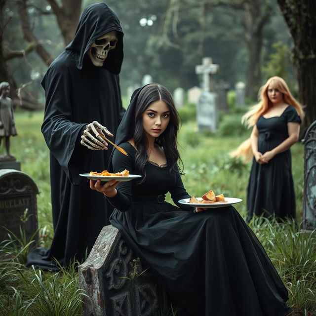A beautiful, innocent-looking woman with dark hair and striking crystal blue eyes is sitting on a weathered tombstone in a serene cemetery