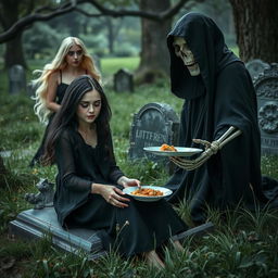 A beautiful, innocent-looking woman with dark hair and striking crystal blue eyes is sitting on a weathered tombstone in a serene cemetery