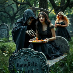 A beautiful, innocent-looking woman with dark hair and striking crystal blue eyes is sitting on a weathered tombstone in a serene cemetery